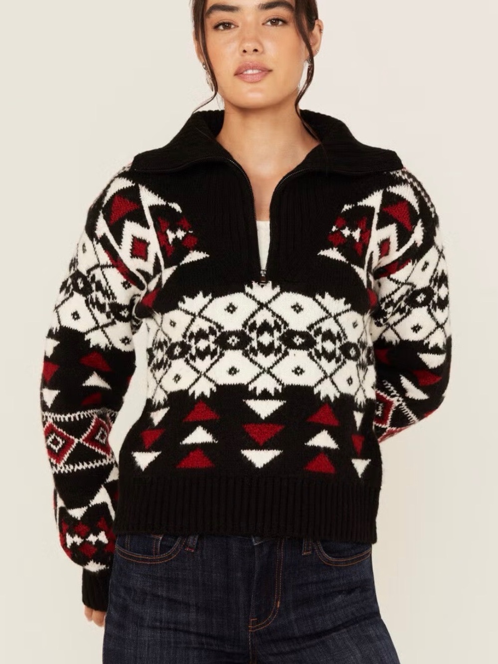 Idyllwind Women’s Black Quarter Zip Sweater Pullover Geometric Aztec Small